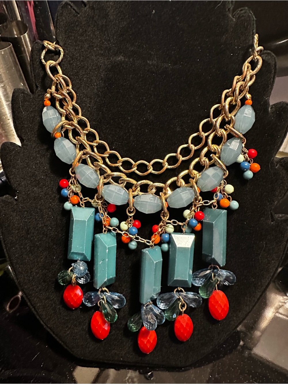 Multicolor Gem Drop Statement Necklace - Blue, Red & Gold